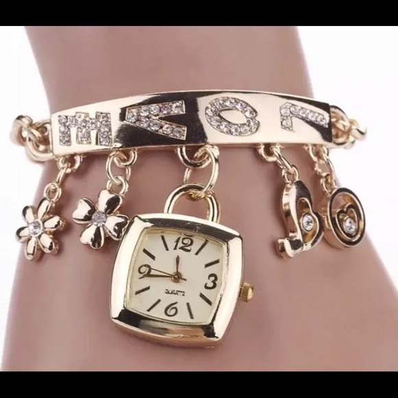 NEW Goldtone Love Inscribed Rhinestone Dangle Charm Fashion Watch O/S - Picture 2 of 12